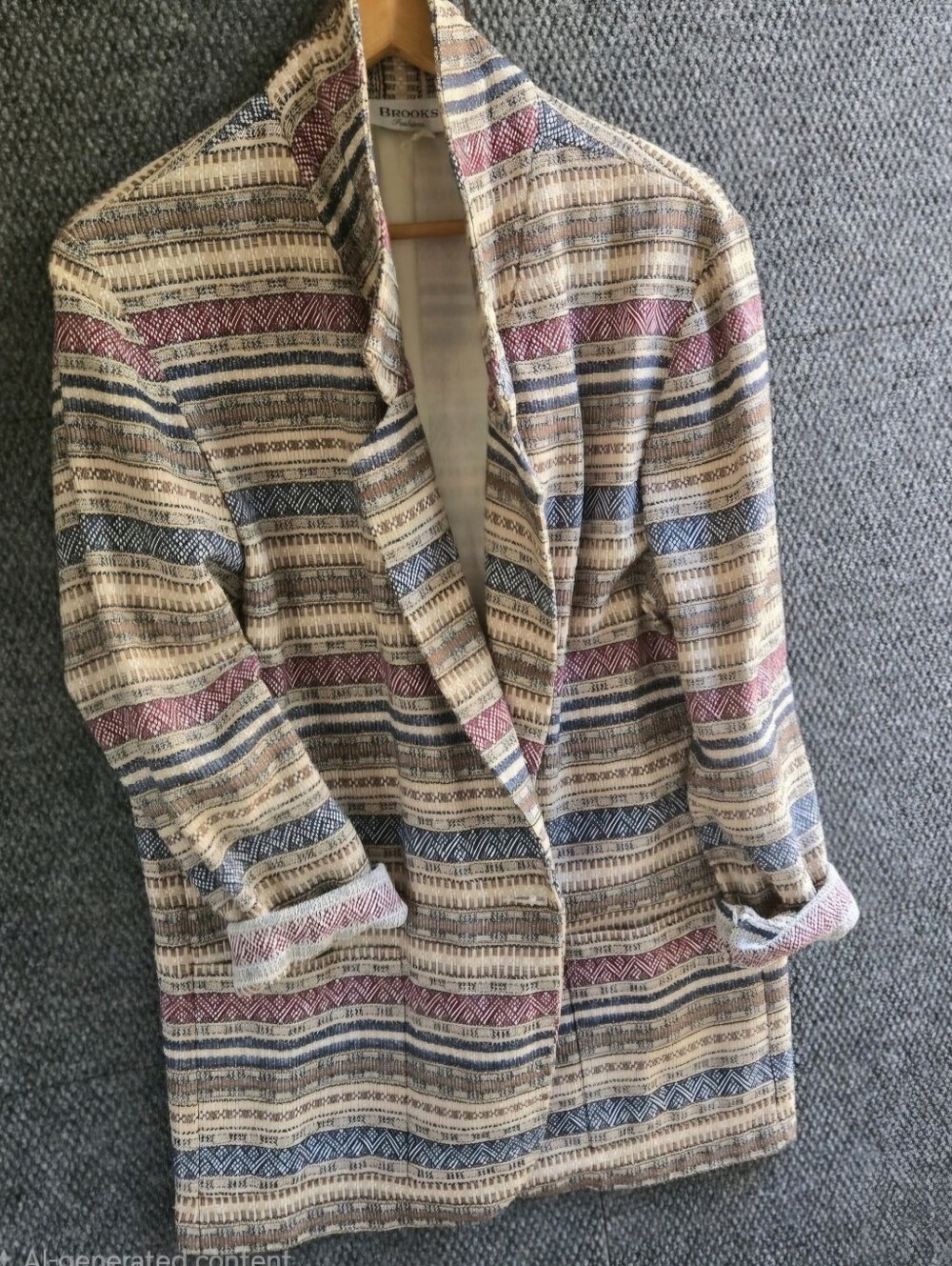 Vintage 80s Brooks Fashions Striped Cream, Navy & Burgundy Women's Blazer Jacket